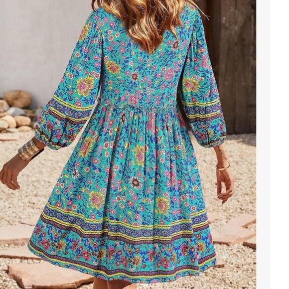 BTFBM Womens Bohemian V-Neck 3/4 Sleeve Mini Dress Green Floral Size S NWOT - Picture 4 of 8